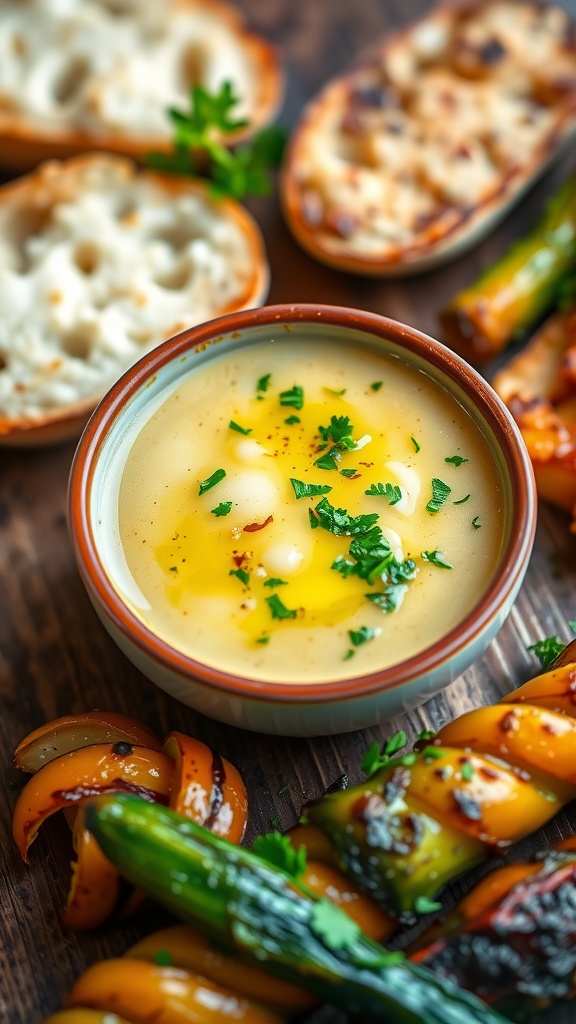 A bowl of garlic butter sauce with parsley, alongside crusty bread and roasted vegetables.